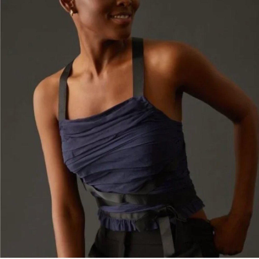 Anthropologie Navy Blue Shirred Black Strappy Tulle Tank Small M - NWT